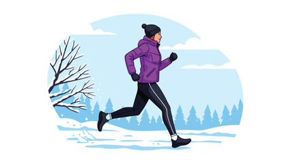 Fototapeta premium Vibrant athletic woman jogging through a serene winter landscape, a perfect fit for promoting fitness and healthy outdoor living