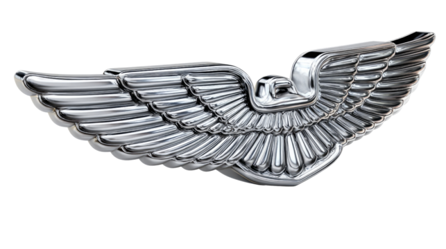 Soaring Symbol: A beautifully crafted, gleaming metallic wing emblem, representing freedom, aspiration, and the spirit of flight. 