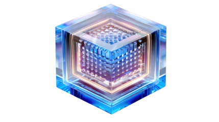 Crystal Cube: A visually striking crystal cube, intricately designed with inner structures, emanates an aura of technological precision and innovative concepts.