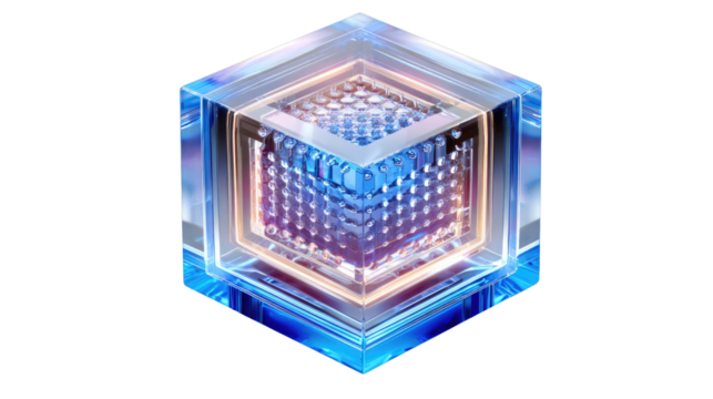 Crystal Cube: A visually striking crystal cube, intricately designed with inner structures, emanates an aura of technological precision and innovative concepts.