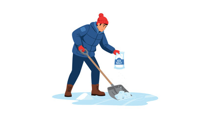 Man clearing icy driveway with shovel and ice melt for safety during winter season home maintenance and safety