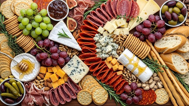 A lavish and abundant charcuterie board filled with assorted cheeses, cured meats, fruits, nuts, and crackers.