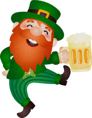 Illustration of Leprechaun With Beer for St. Patrick's Watercolor Hand Drawn Style
