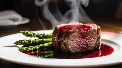 Gourmet Filet Mignon Steak with Red Wine Reduction and Asparagus