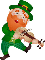 Illustration of Leprechaun Playing Violin Watercolor Hand Drawn Style
