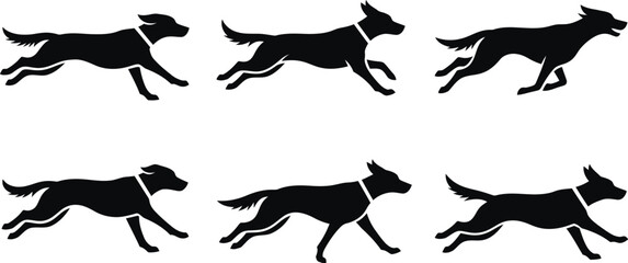 Running dog silhouette set showing fast motion in multiple canine poses