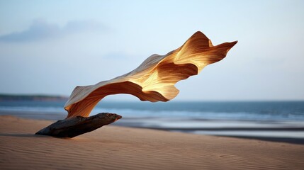 An abstract wooden sculpture is displayed on a sandy beach. The sculpture appears to be floating in the air. The ocean and sky are visible in the background, wi