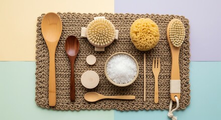 Elegant still life composition of natural bath and spa accessories promoting wellness and sustainable living on a textured background