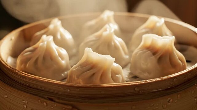 Steamed Dumplings in Bamboo Steamer Basket
