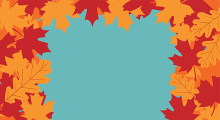 Autumn foliage frame with vibrant red and orange leaves against a clear turquoise blue background ideal for seasonal design elements and text