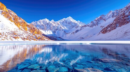 A stunning landscape of snow-covered mountains reflected in a clear blue lake under a bright, sunny sky. The water's transparency reveals rocks below.