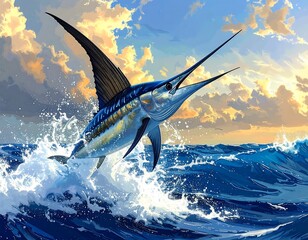 Illustration of a blue marlin leaping from ocean waves under a vibrant, sunny sky with scattered clouds