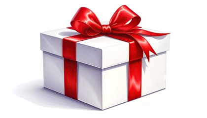 Obraz premium Elegant white gift box with a vibrant red ribbon and bow for special occasions.