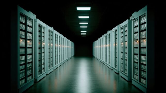 A sleek data center corridor lined with server racks, illuminated by overhead lights, creating a futuristic and high-tech atmosphere.