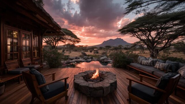 Luxury safari lodge wooden terrace with fire pit and furniture looking at mountain savanna landscape sunset background backdrop cozy glamping hotel resort travel concept