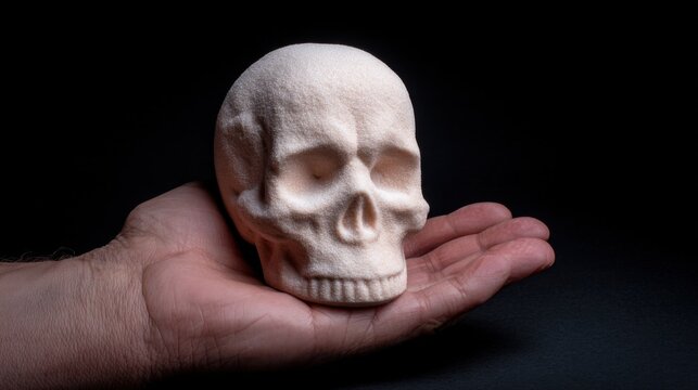 A hand holds a detailed skull model against a dark background, emphasizing the texture and form of the skull in a striking manner.
