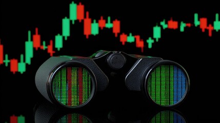 A pair of binoculars displays colorful stock market data, set against a background of fluctuating candlestick charts.