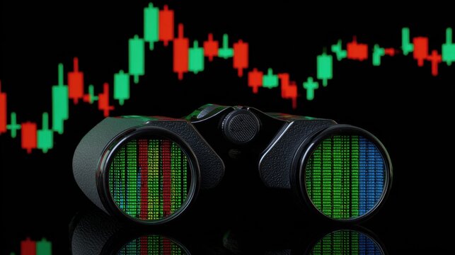 A pair of binoculars displays colorful stock market data, set against a background of fluctuating candlestick charts.