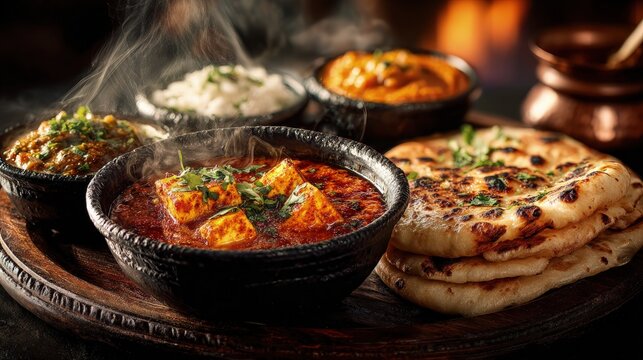 Steaming thali with roti dal paneer close-up food photography restaurant table appetizing in India