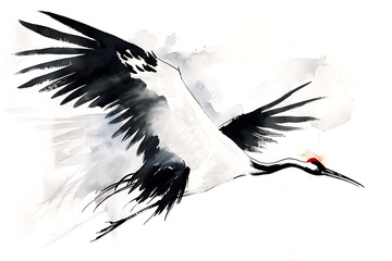 Fototapeta premium 大きく翼を広げて飛ぶ鶴を柔らかな筆致で描いた構図