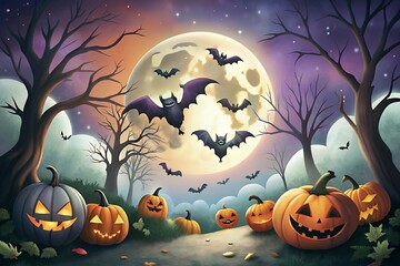 Spooky halloween night with full moon bats and carved pumpkins