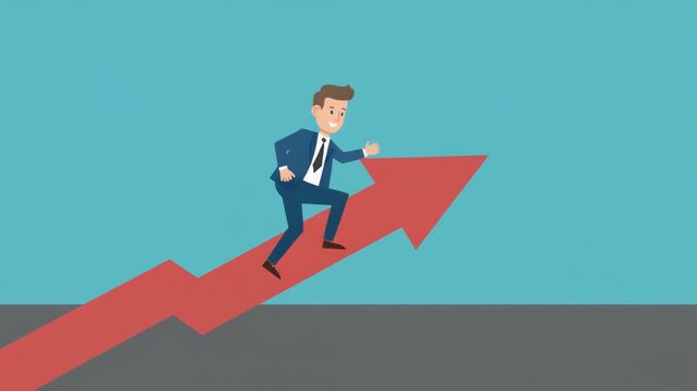 Cartoon businessman in blue suit running up a large red arrow on a blue background, symbolizing growth and success.