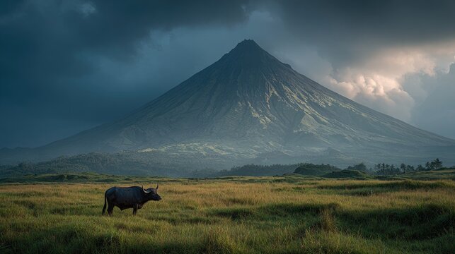 Majestic Mayon Volcano A perfect cone of Mayon Volcano viewed from a field of lush green grass with a carabao water buffalo in the foreground dramatic sky iconic Philippine landscape