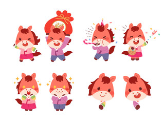 2026 Year of the Red Horse illustration. A collection of horse characters wearing hanbok.