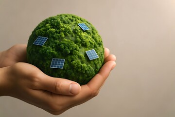 Hands Holding Green Planet with Solar Panels for Sustainable Energy Concept