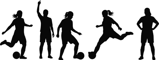 Silhouette female soccer player action poses, football athlete illustration, dynamic sports movement concept, kicking dribbling celebration artwork