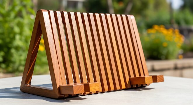 Elegant Wooden Cookbook Stand Against Blurred Garden Backdrop Showcasing Sustainable Kitchen Accessories and Thoughtful Design for Culinary Enthusiasts and Home Decor Inspiration