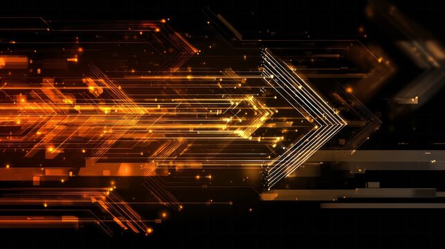 Brilliant orange digital light streams form complex forward-pointing geometric arrows across a dark background