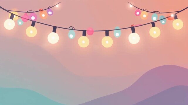 Festive string lights with a gradient pastel background in a flat minimalist vector style, creating a soft and clean composition.