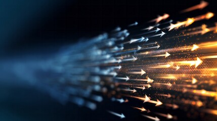 Numerous bright arrows stream forward with light trails across a dark background transitioning from blue to orange