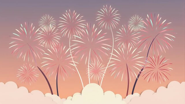 Fireworks scene in flat minimalist vector style with soft pastel background, clean composition, and subtle gradient in pink, purple, and white tones