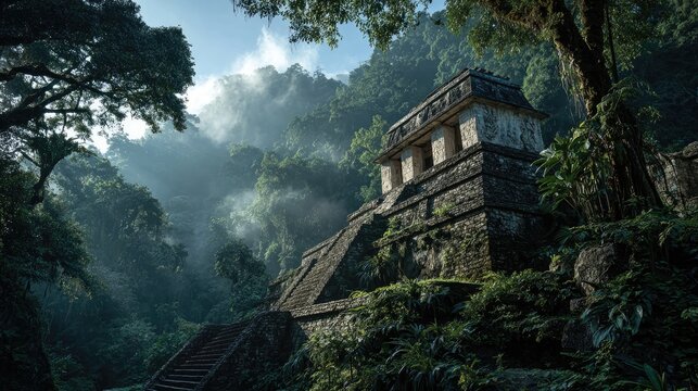 Jungle Ruins The ancient Mayan temple of Palenque emerging from the dense Chiapas jungle atmospheric with mist and shafts of light mysterious in Mexico