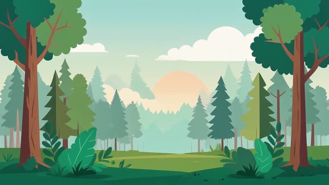 Forest scene in flat minimalist vector style with detailed composition, soft pastel flat background, smooth gradients, and a sunset.