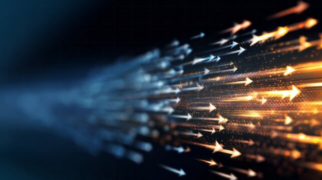 Numerous bright arrows stream forward with light trails across a dark background transitioning from blue to orange