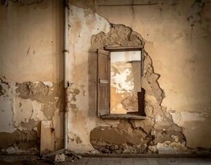 Decayed wall and open window, aged wooden frame, revealing inner wall in deteriorated beige and brown room