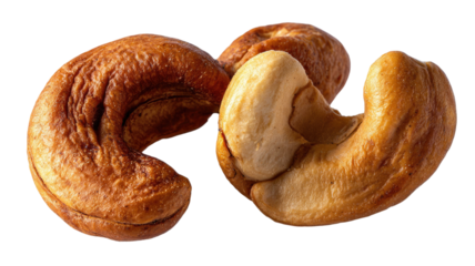  Cracked dried cashew showing detailed nut texture with natural split surface and rich organic food appearance isolated on white background.