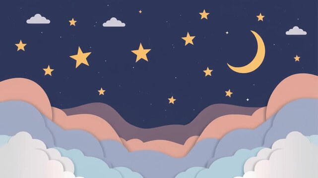 Night sky with stars, moon, and layered clouds in a flat minimalist vector style, featuring a soft pastel color palette and a detailed composition.