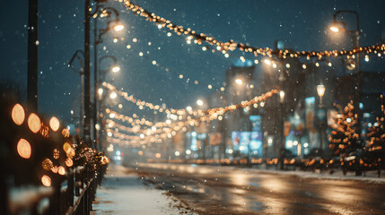 Night city street decorated with Christmas lights, glowing garlands, bokeh street lamps, light snowfall, atmospheric winter vibes,
