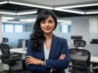 Confident businesswoman with crossed arms in modern office environment