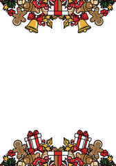 Obraz premium Festive holiday border with gingerbread men gifts and bells on a white background for seasonal greetings and invitations layout