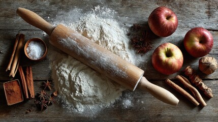 Flour, apples, rolling pin, spices, baking