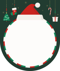 Holiday season frame template: Circular design featuring a classic red Santa hat and assorted Christmas decorations on a dark green background.