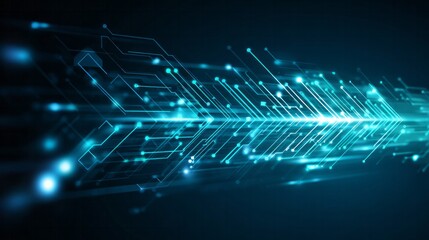 Glowing digital circuitry lines move rapidly across a dark background suggesting data flow