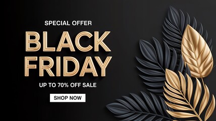 Black friday special offer banner with gold text and elegant decorative leaves for big sale promotion