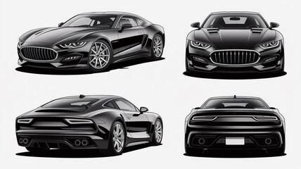 Futuristic black-and-white vector sports coupe, front, side, rear, top views, sharp LED lights, aerodynamic curves, sculpted body, high-tech rims, sleek cabin.