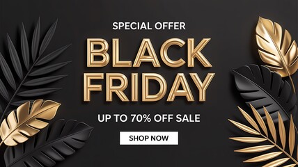 Black friday special offer banner with gold text and elegant decorative leaves for big sale promotion